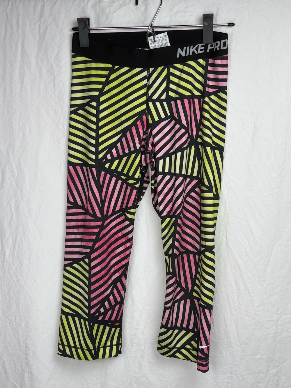 Nike pro women’s Medium Pink & Lime Geometric stained glass capri Leggings